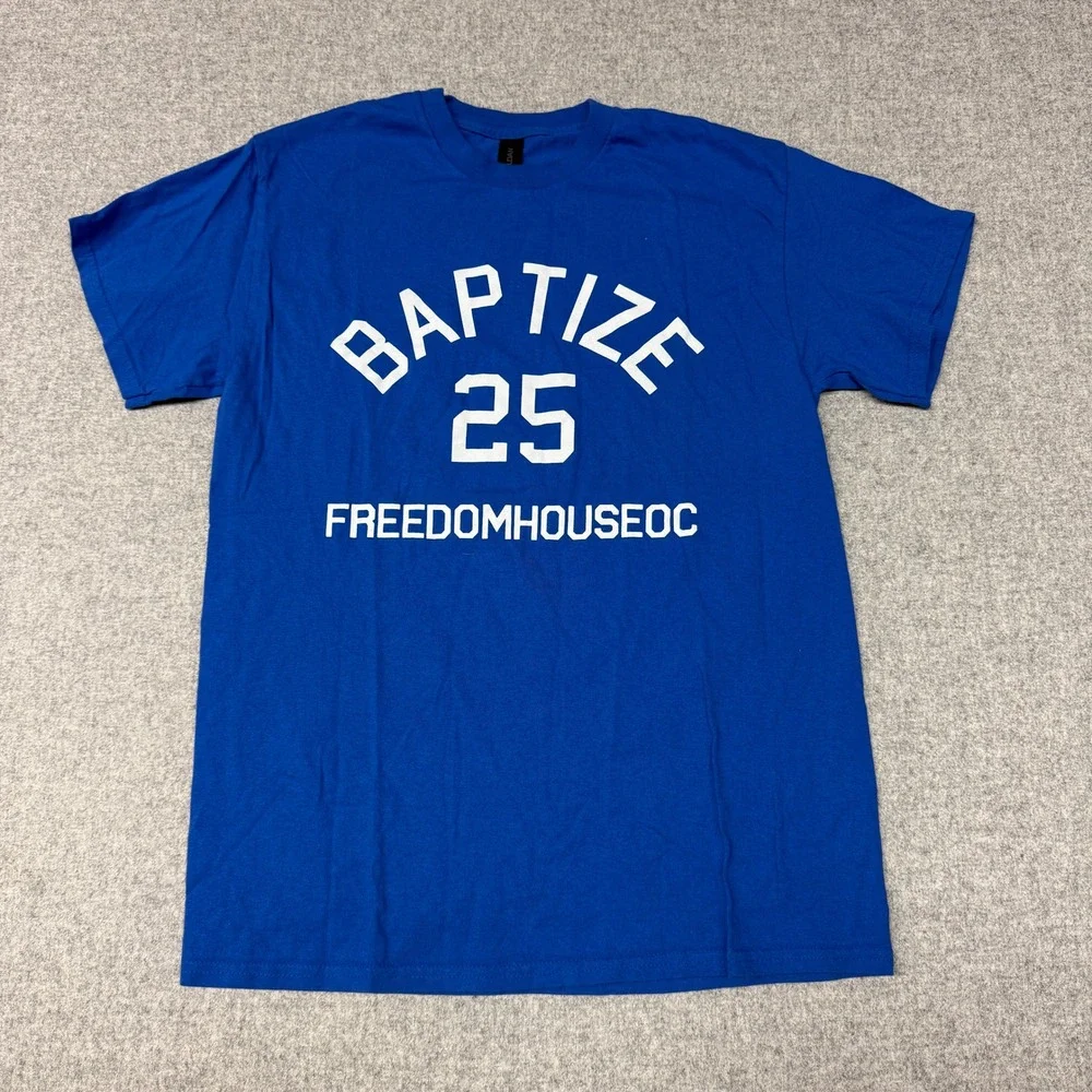 Gildan | Graphic T-Shirt | Medium | Blue | Baptize 25 FreedomHouseOC Cotton Tee